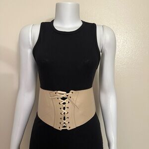 Beige faux leather elastic waistband lace up corset belt